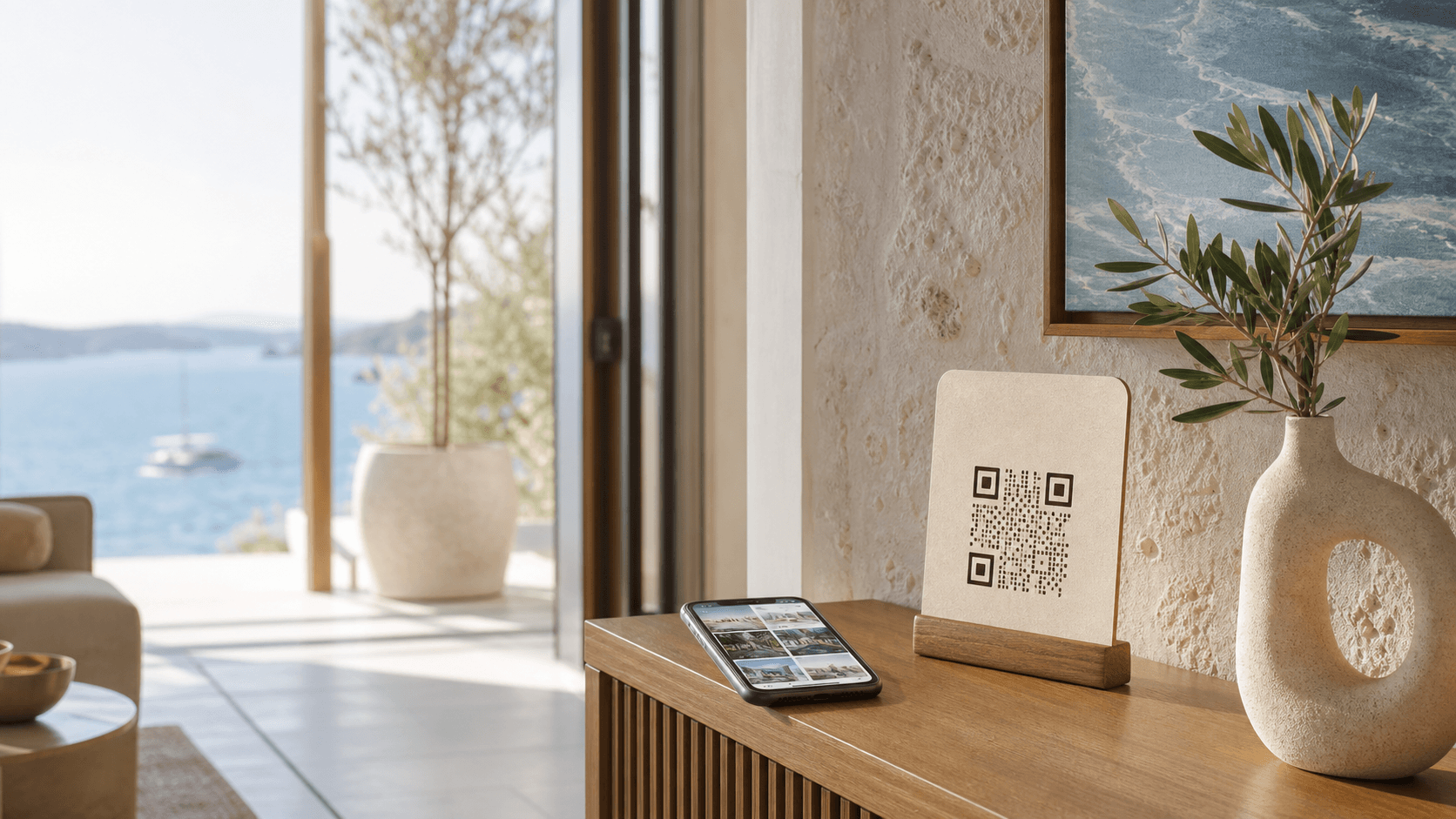 QR vodič za goste u modernom apartmanu uz more